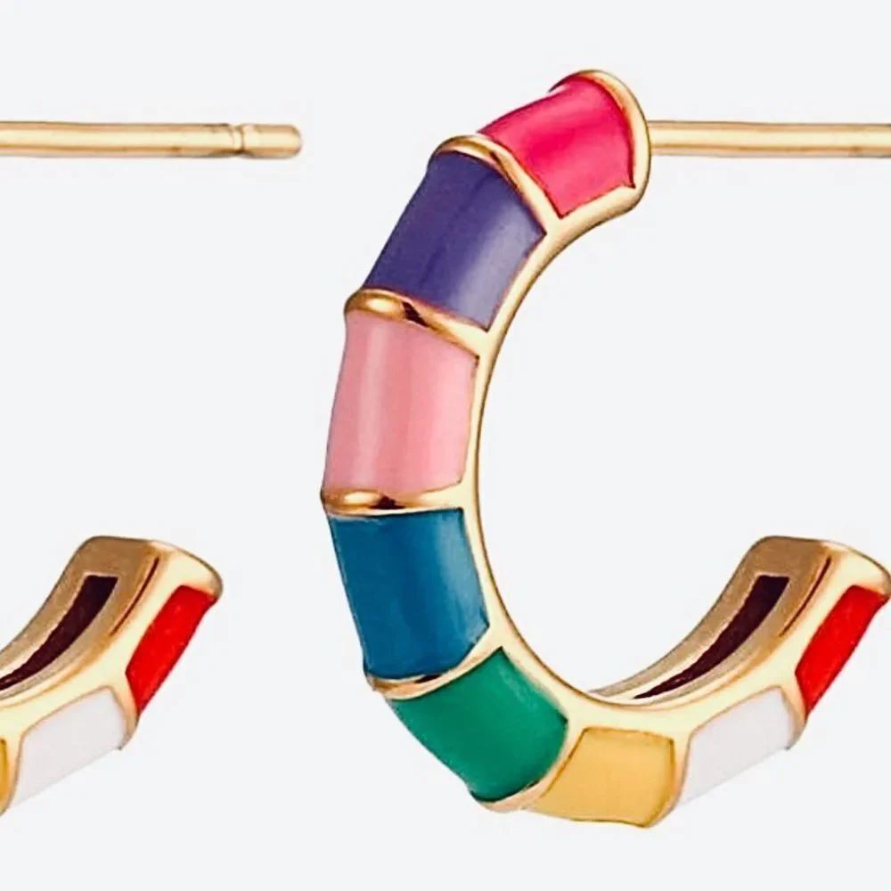 Multicolor Ceramic Mini Hoop Huggie Earring Colorblock Design NIB 18kgold plate
